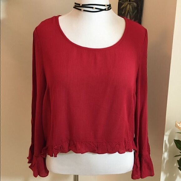 Final Price | Dark Red Long Sleeve Top with Ruffled Hem and Sleeves - Picture 2 of 5